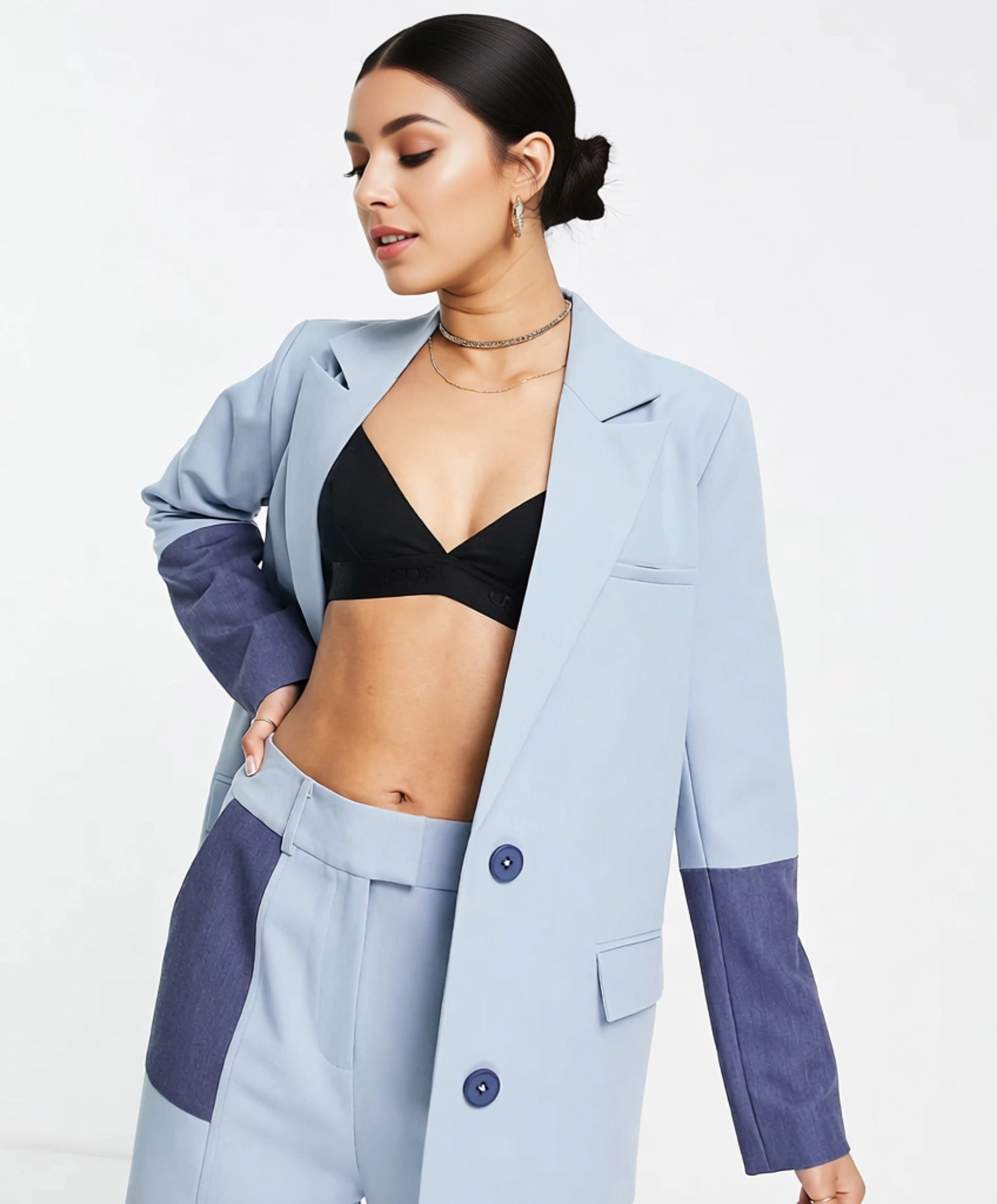 4th & Reckless Petite Women's Tailored Suit Jacket Co Ord in Colour Block Blue In Blue