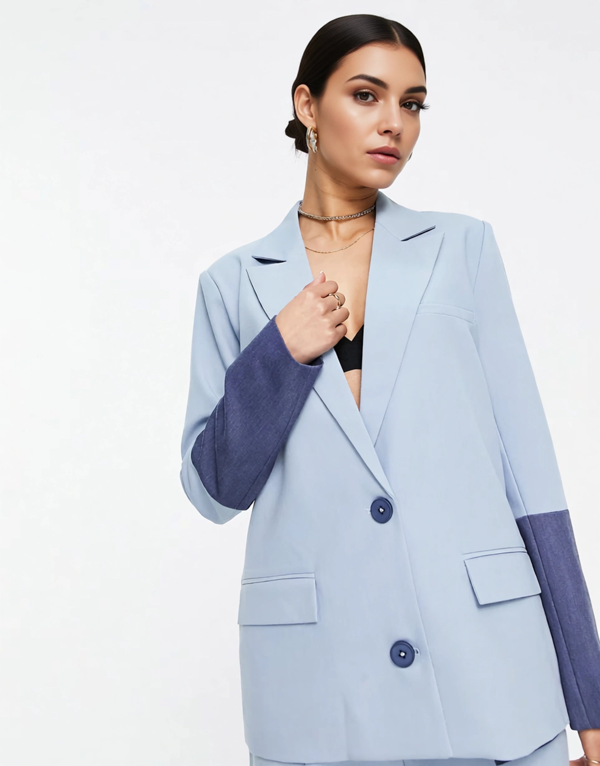 4th & Reckless Petite Women's Tailored Suit Jacket Co Ord in Colour Block Blue In Blue