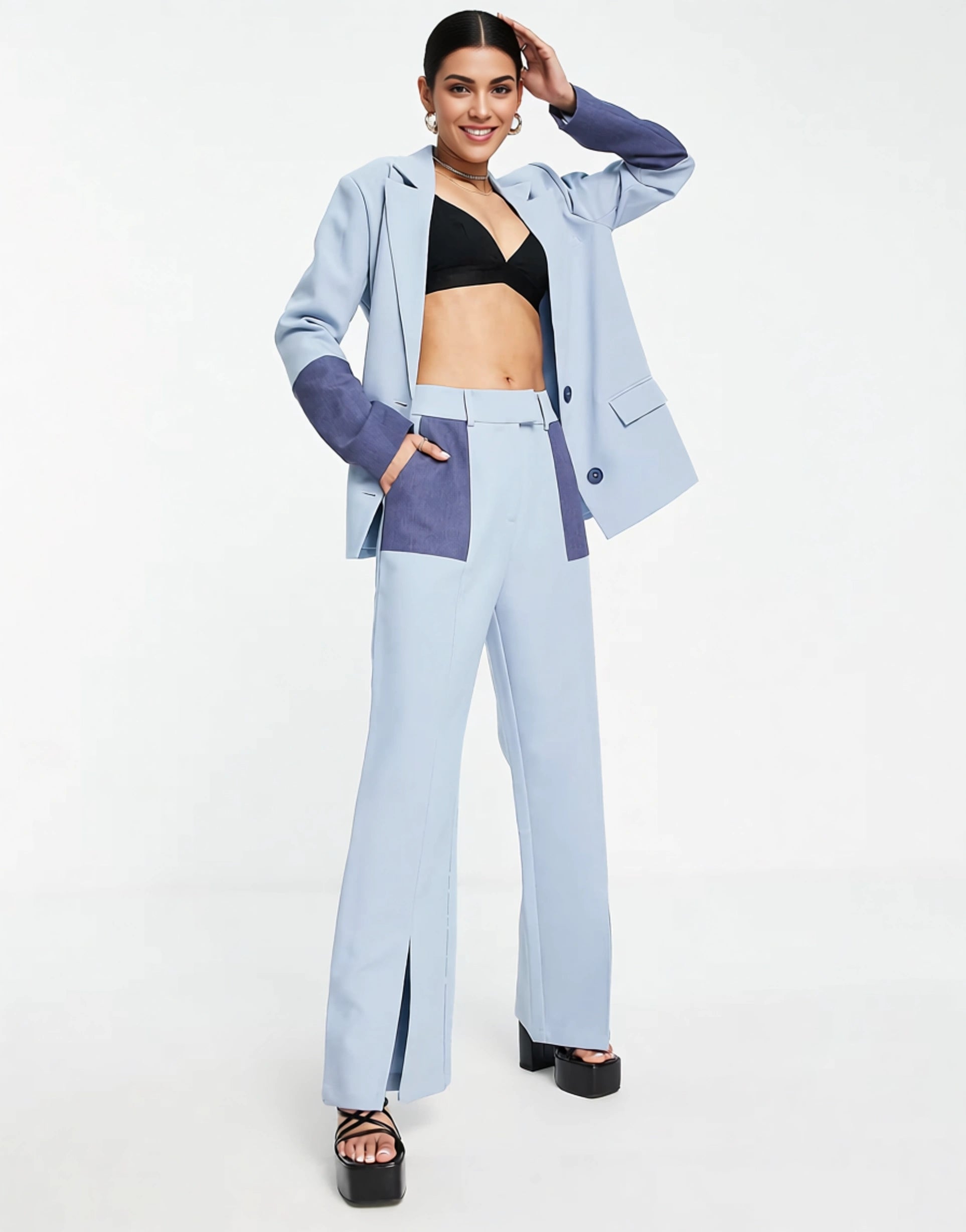 4th & Reckless Petite Women's Tailored Suit Jacket Co Ord in Colour Block Blue In Blue