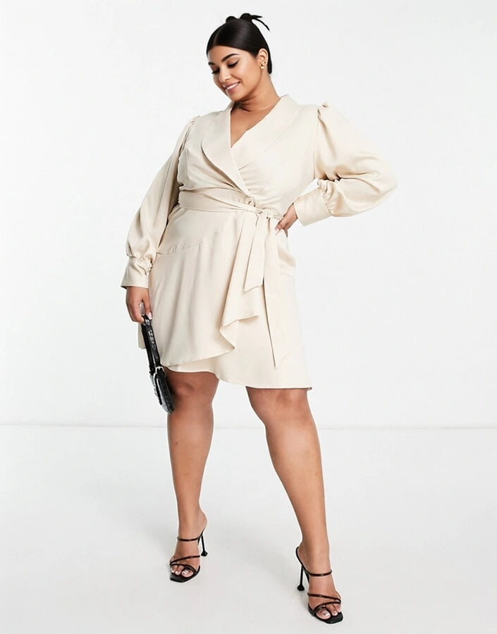 Closet London Plus Womens Wrap Tie Mini Dress in Stone