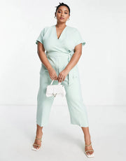 Womens Closet London Plus Wrap Waist Tie Kimono Sleeve Jumpsuit In Sage