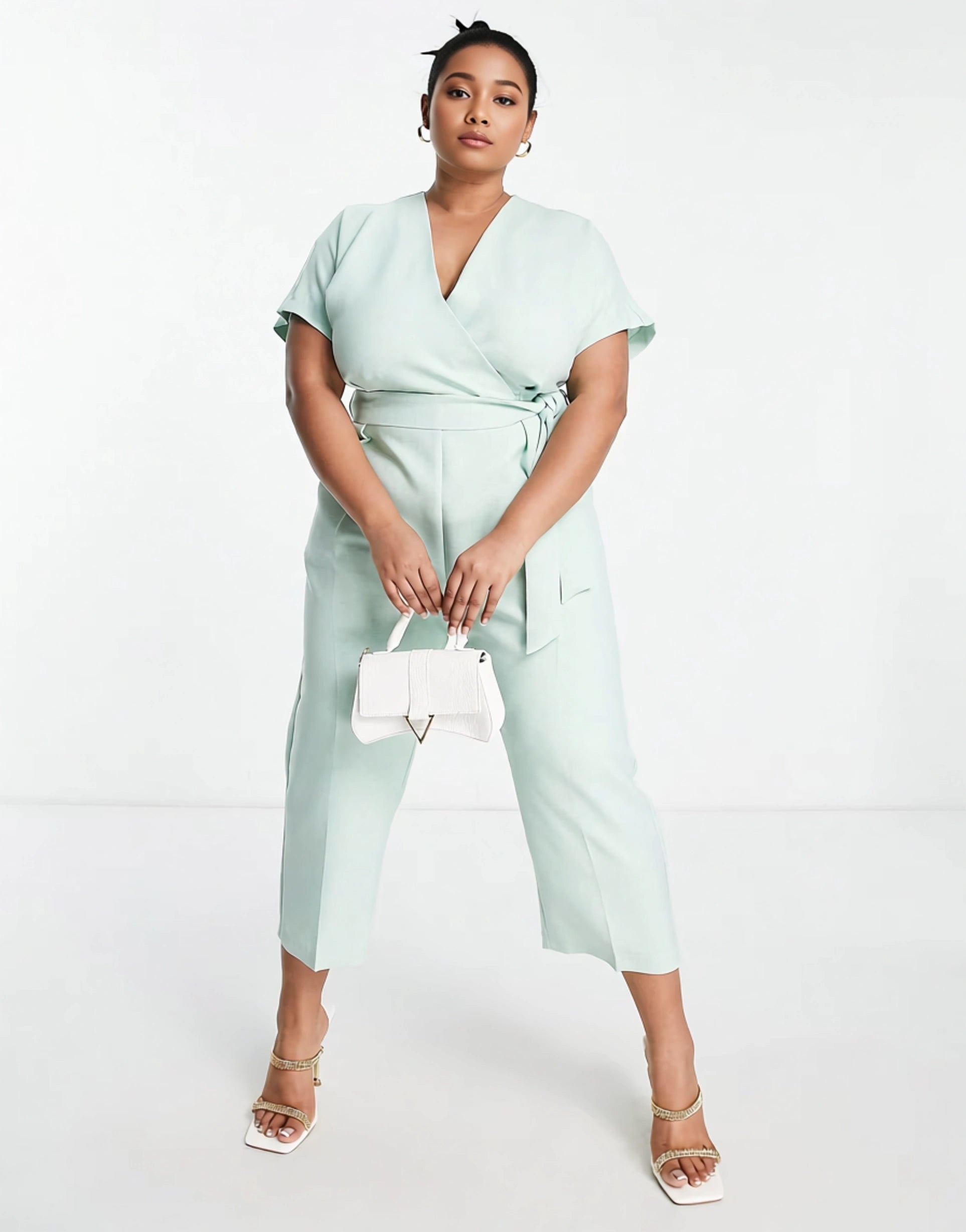 Womens Closet London Plus Wrap Waist Tie Kimono Sleeve Jumpsuit In Sage