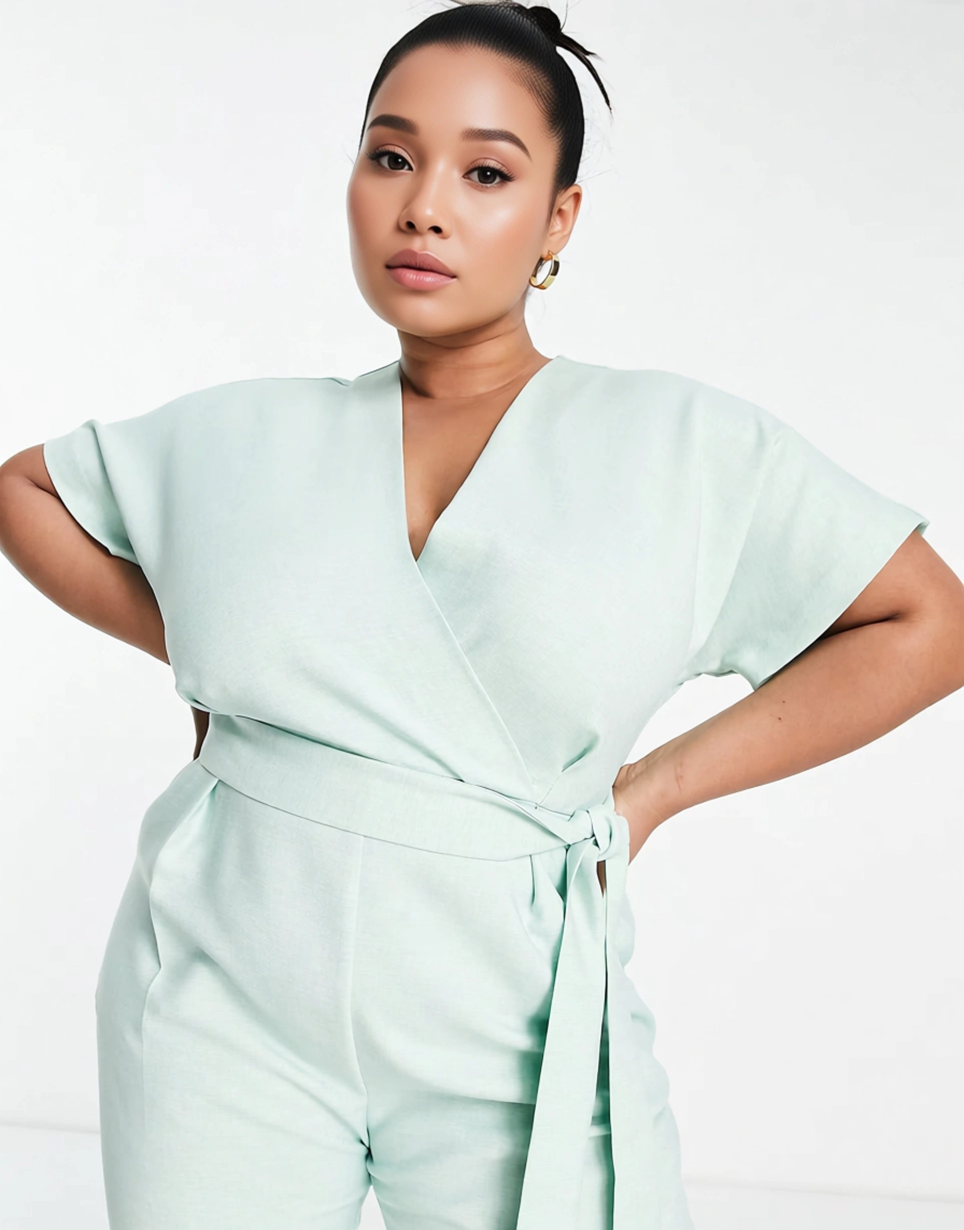 Womens Closet London Plus Wrap Waist Tie Kimono Sleeve Jumpsuit In Sage