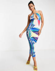 Womens Simmi Plunge Front Midi Dress In Blue Abstract Print