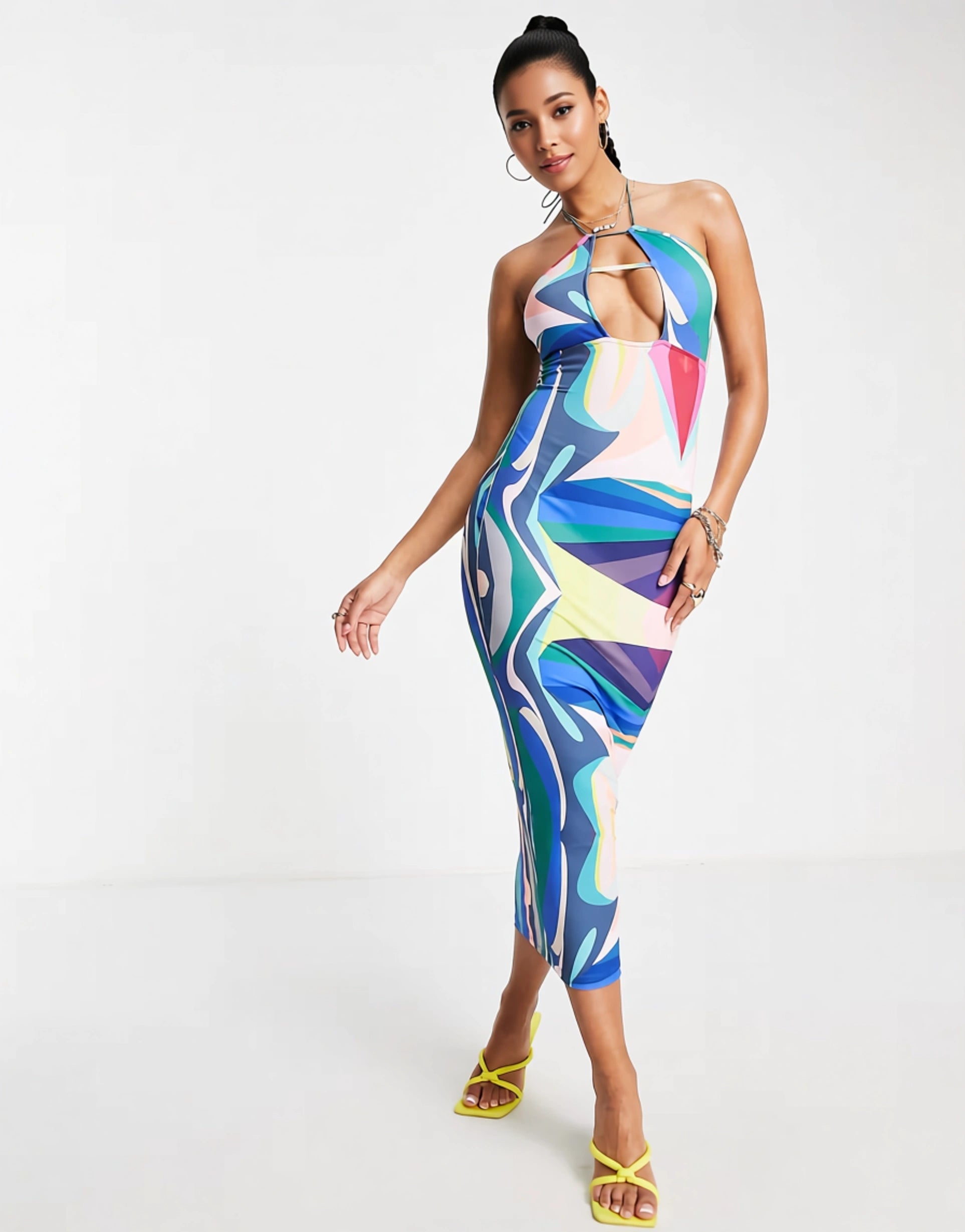 Womens Simmi Plunge Front Midi Dress In Blue Abstract Print