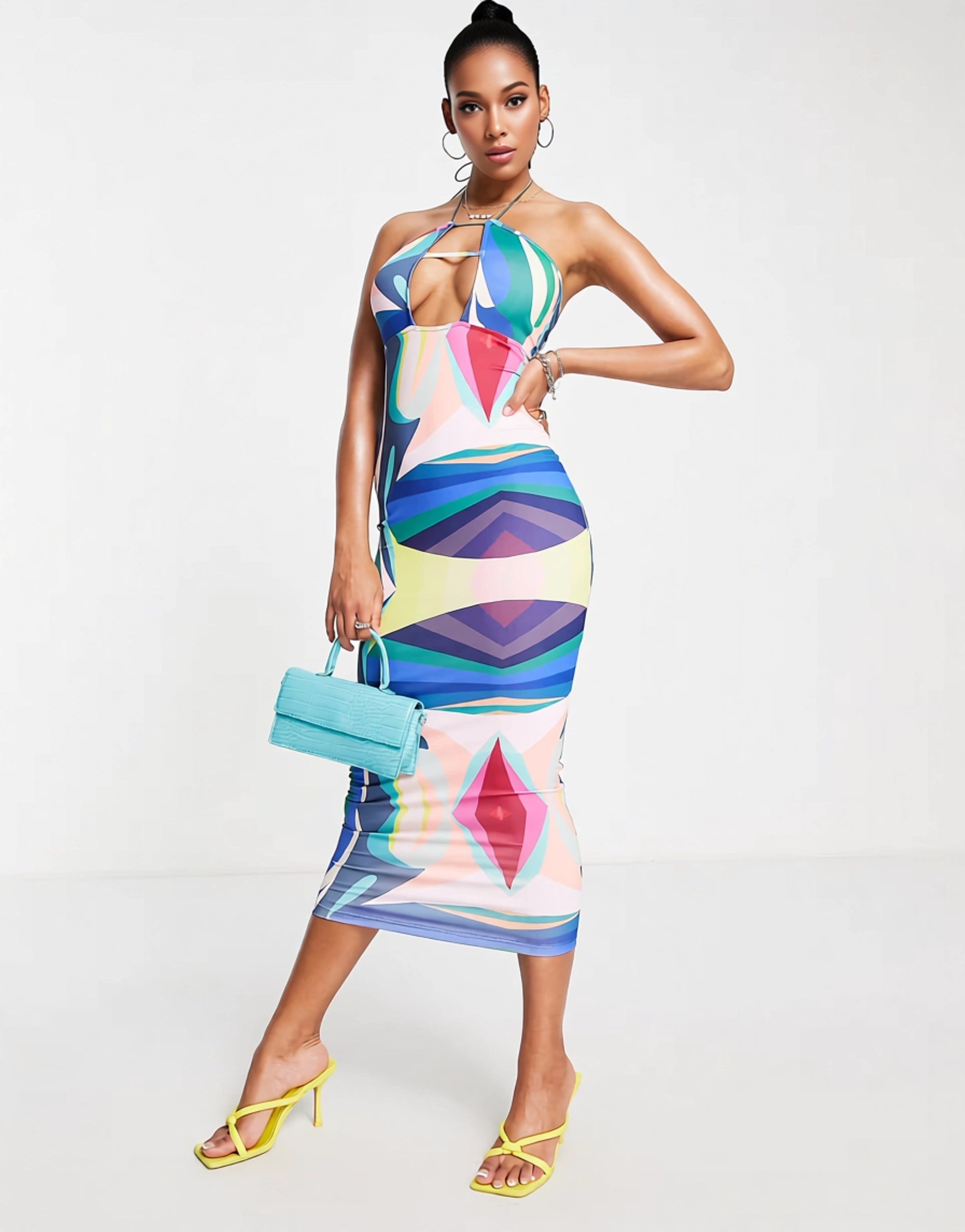 Womens Simmi Plunge Front Midi Dress In Blue Abstract Print