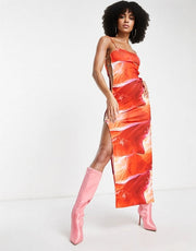 Simmi Clothing Womens Square Neck Maxi Dress in Orange Marble Print