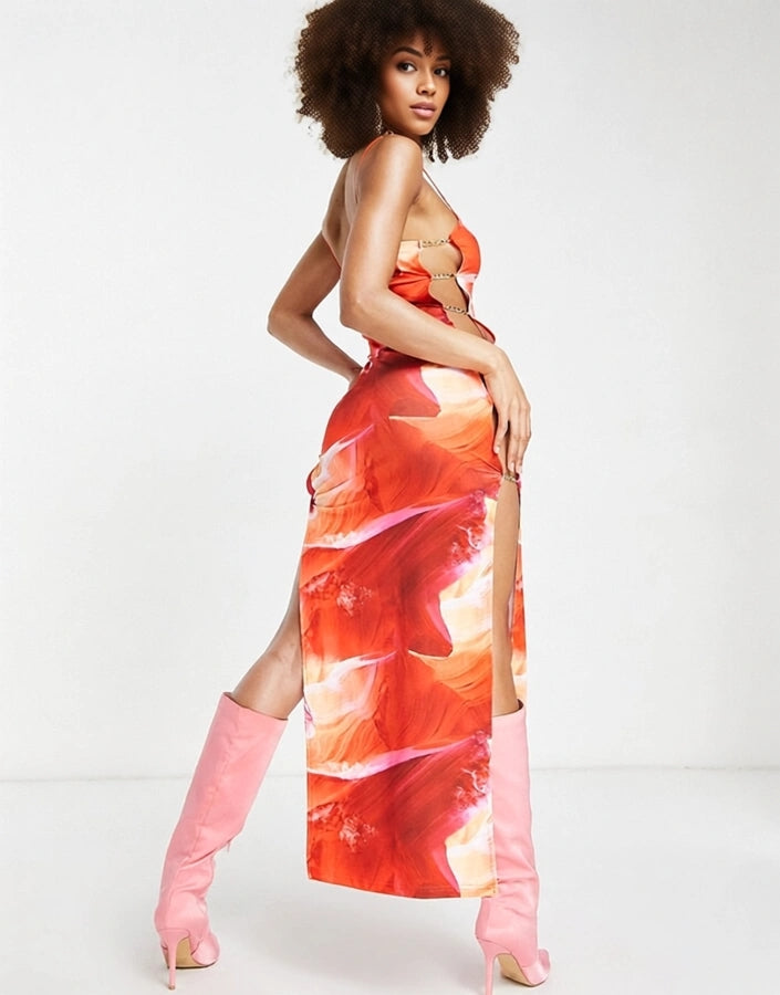 Simmi Clothing Womens Square Neck Maxi Dress in Orange Marble Print