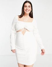 Simmi London Plus Women's Halterneck Long Sleeve Ruched Mini Dress In White