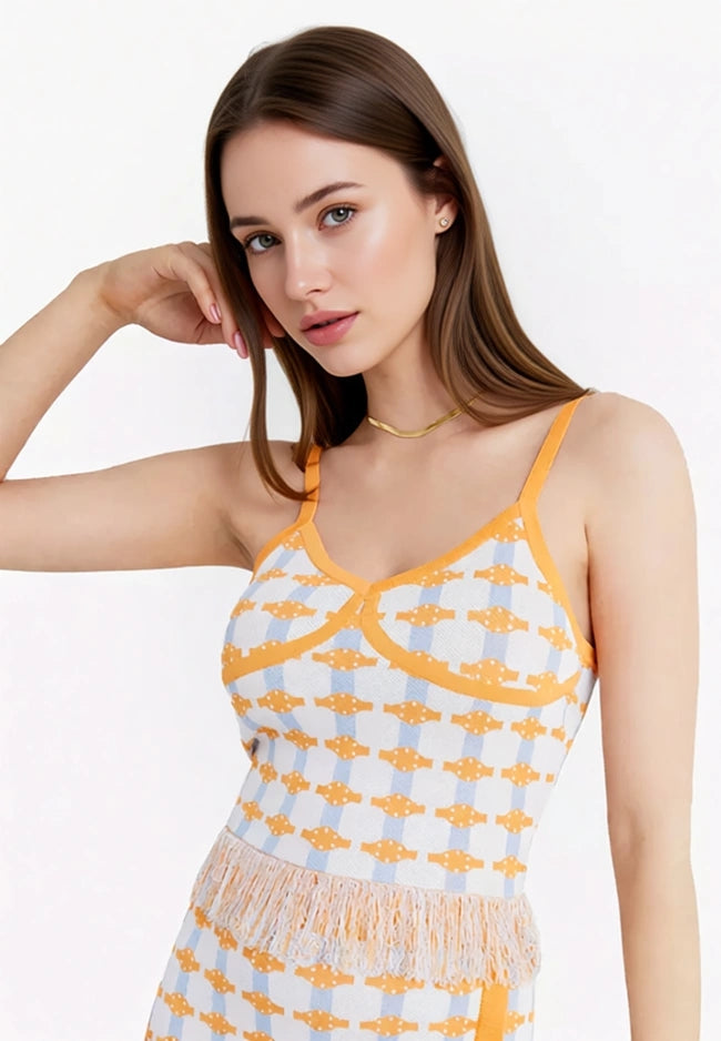Urban Revivo Womens Co-Ord Knitted Vest With Fringing in Orange Check