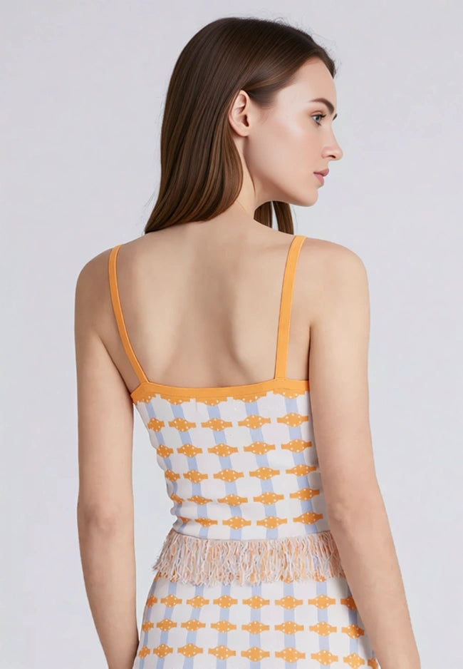Urban Revivo Womens Co-Ord Knitted Vest With Fringing in Orange Check