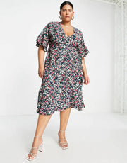 AX Paris Plus wrap midi flutter sleeve dress in dark floral