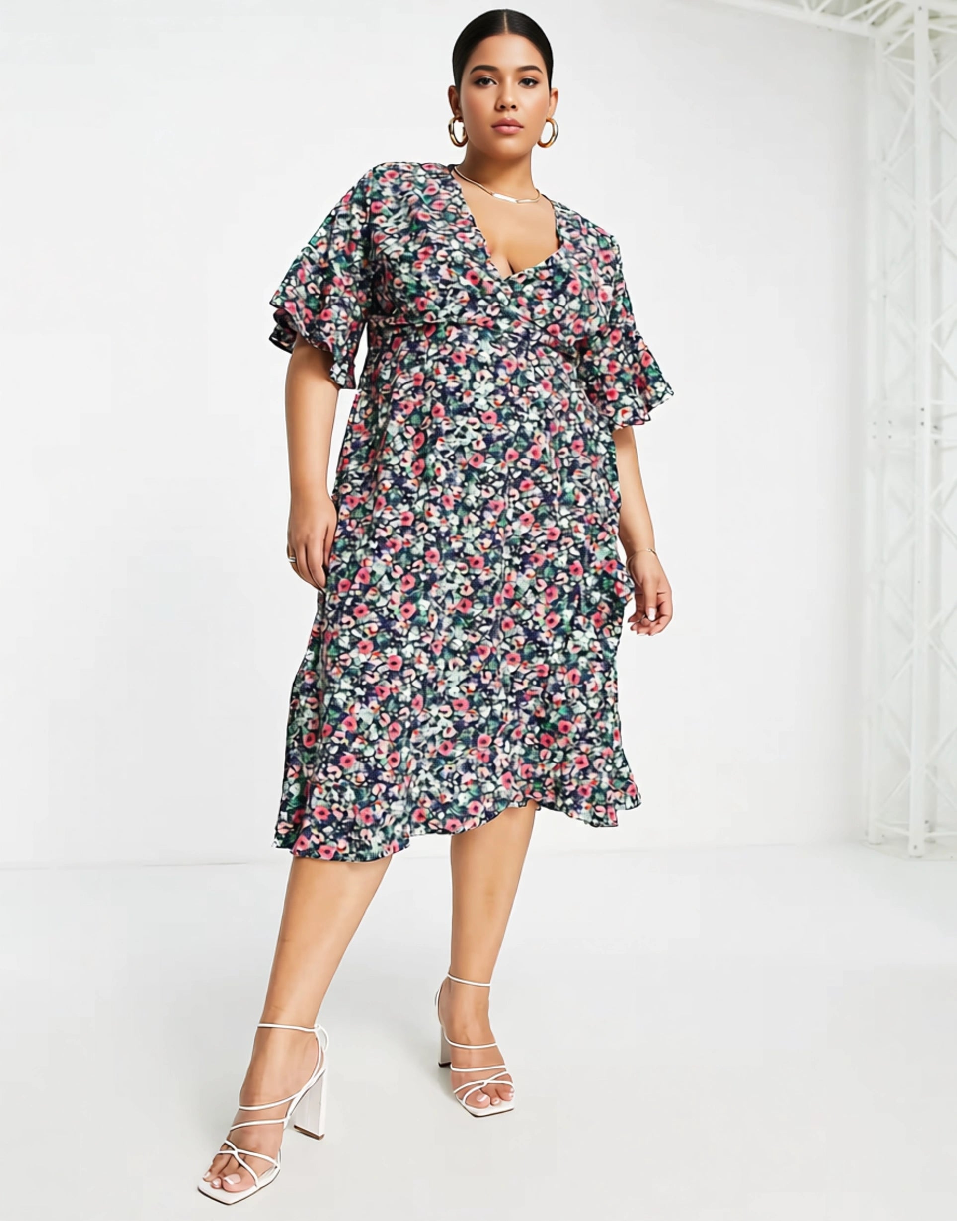 AX Paris Plus wrap midi flutter sleeve dress in dark floral
