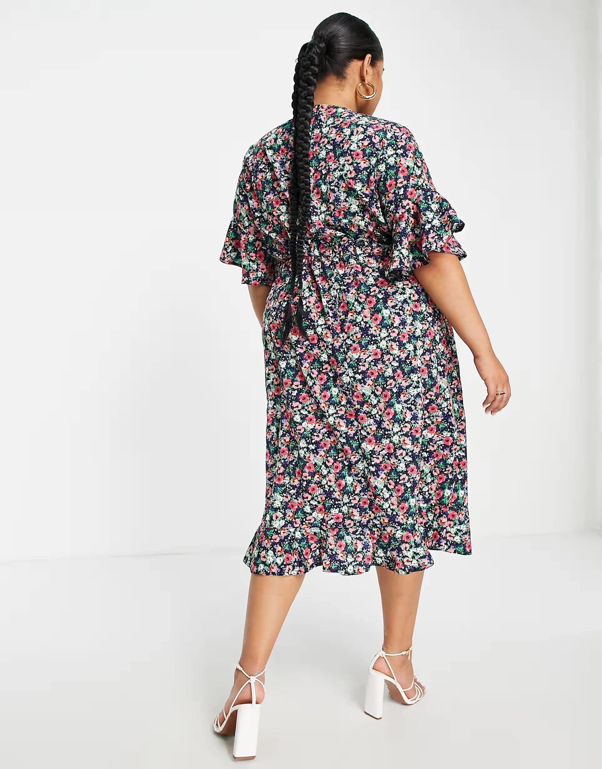 AX Paris Plus wrap midi flutter sleeve dress in dark floral
