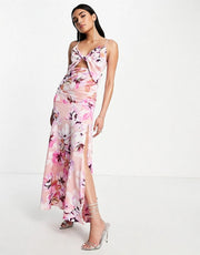 Liquorish Womens Satin Twist Front Maxi Dress With Split in Pastel Floral In Multi