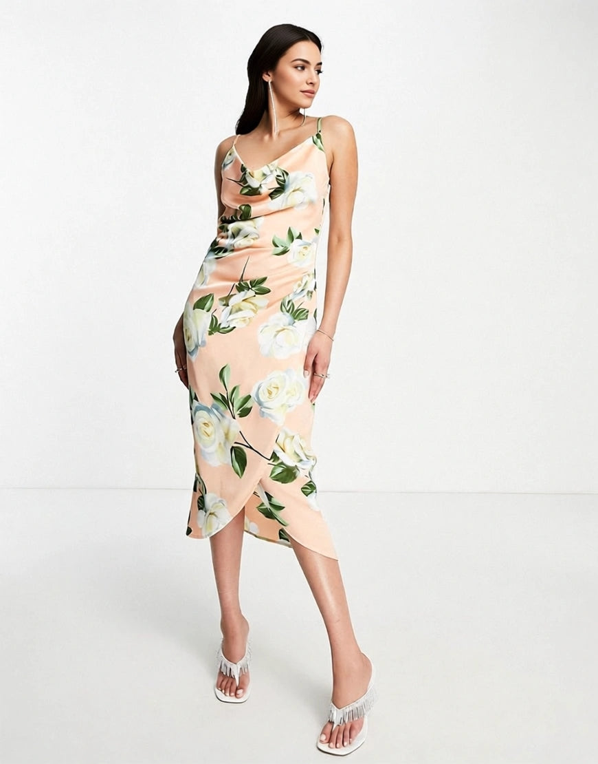 Liquorish Womens Satin Wrap Midi Dress in Peach Rose Print In Pink