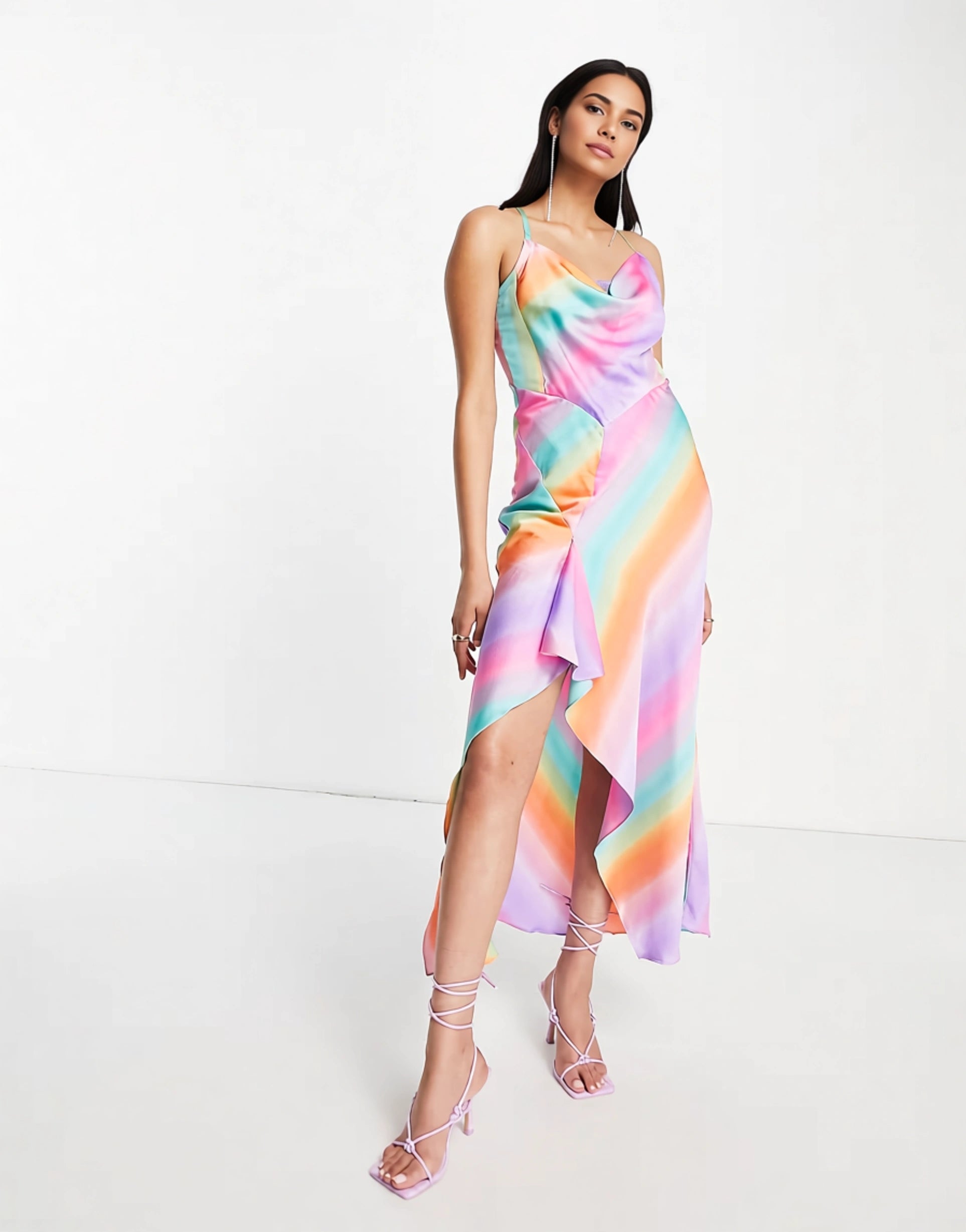 Liquorish Womens Editorial Satin Slip Dress With Frill Detail in Ombre Multi
