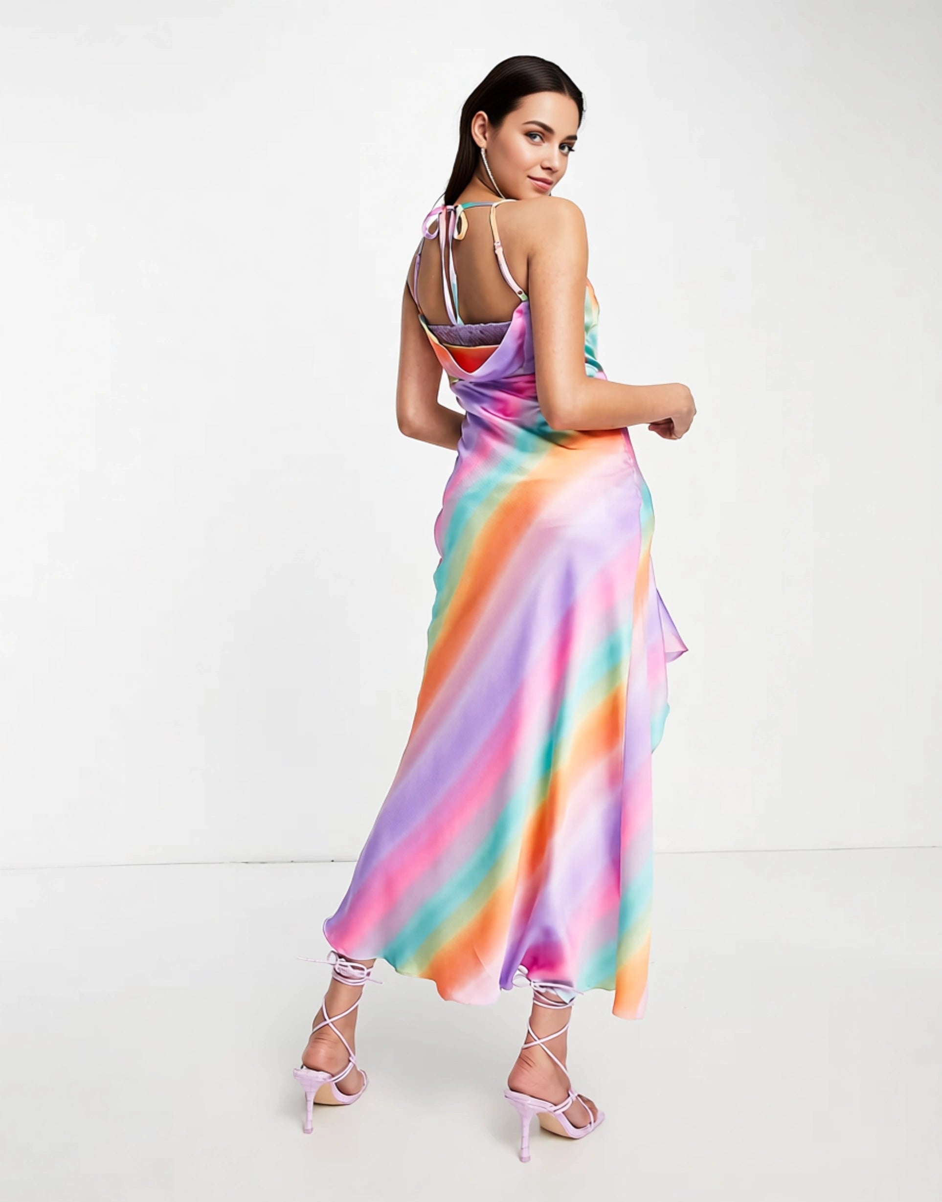 Liquorish Womens Editorial Satin Slip Dress With Frill Detail in Ombre Multi