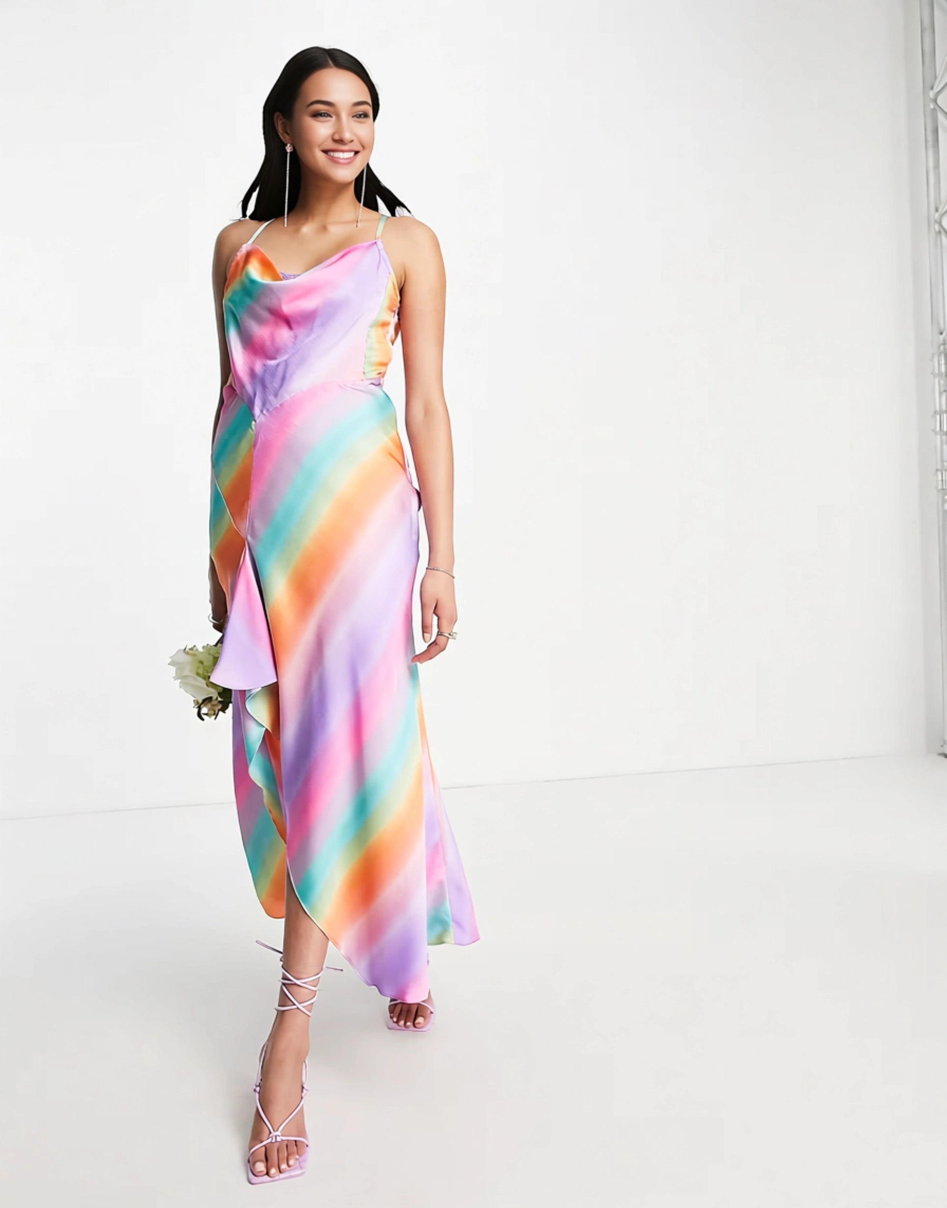 Liquorish Womens Editorial Satin Slip Dress With Frill Detail in Ombre Multi