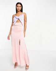 Liquorish Womens Satin Twist Front Maxi Dress With Split Colour Block Blue And Pink