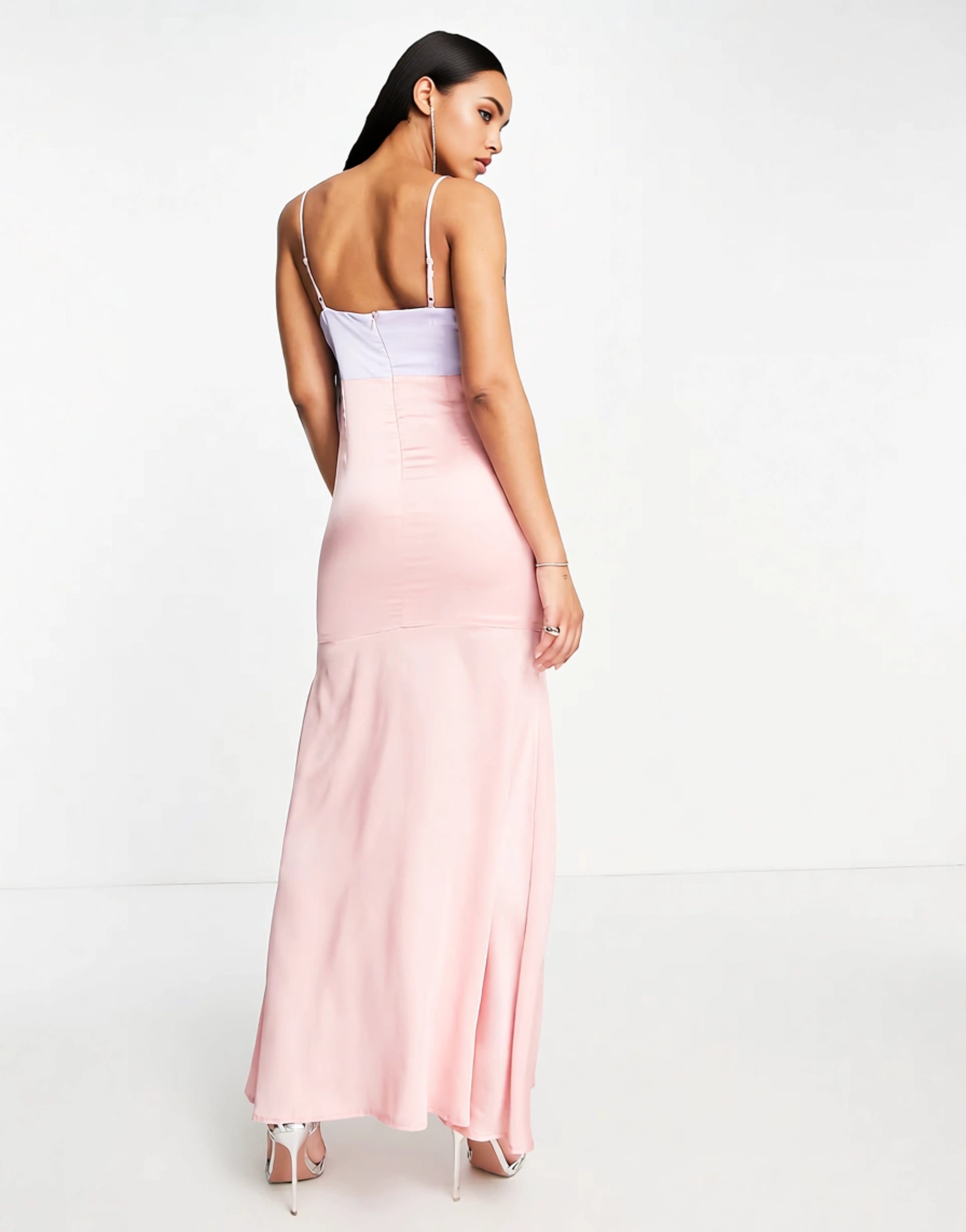 Liquorish Womens Satin Twist Front Maxi Dress With Split Colour Block Blue And Pink