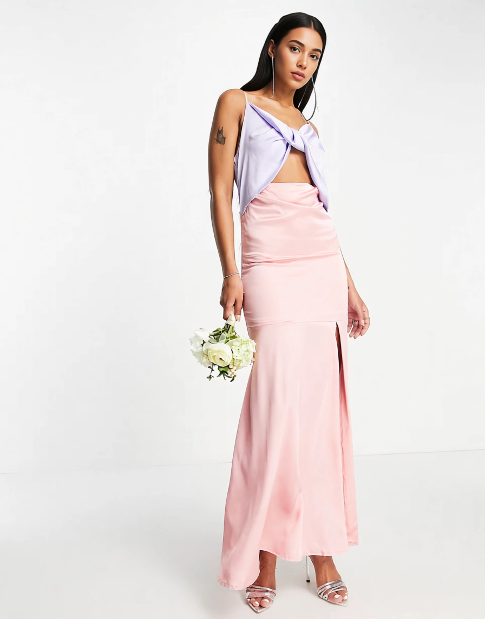Liquorish Womens Satin Twist Front Maxi Dress With Split Colour Block Blue And Pink