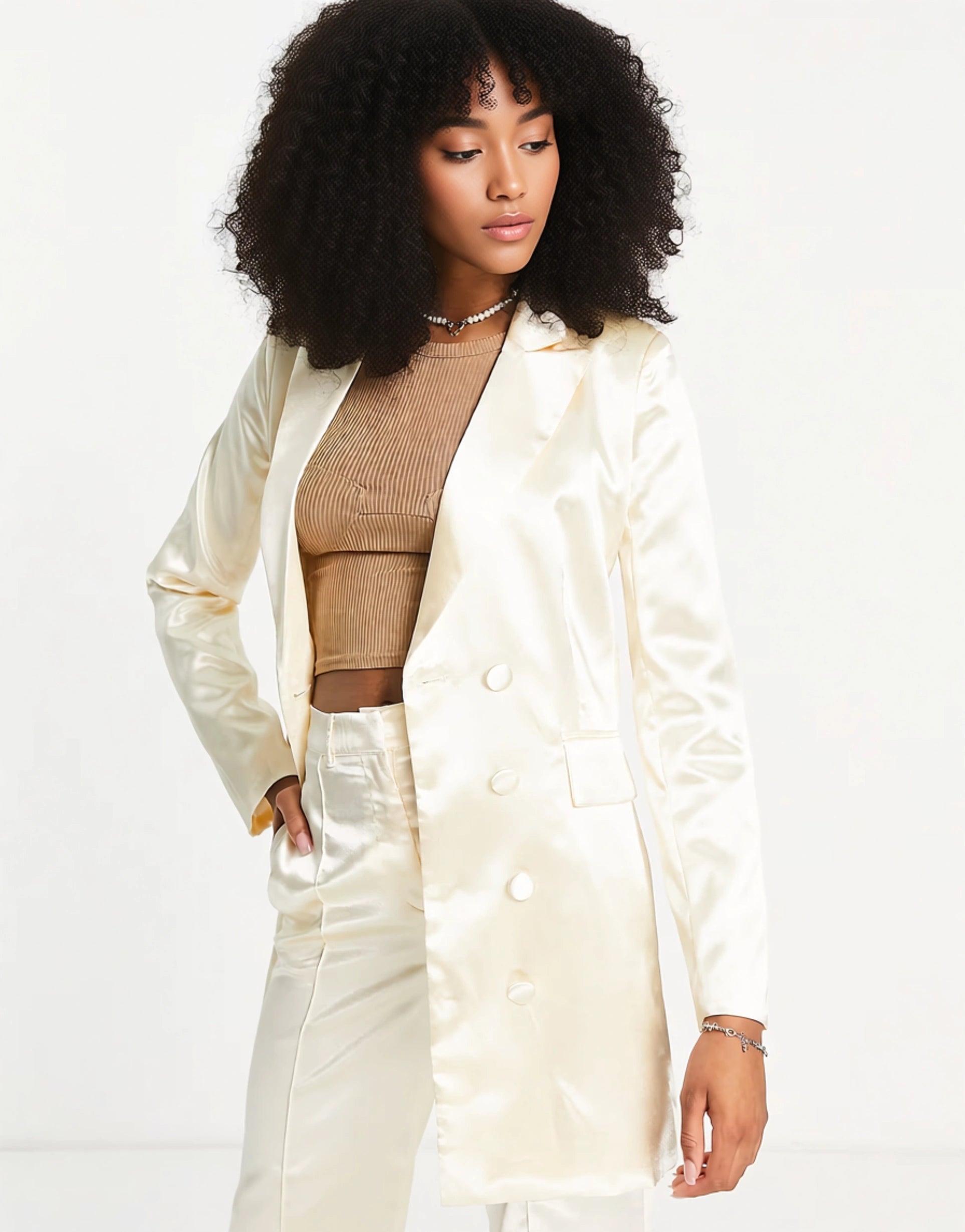 Womens Liquorish Satin Tailored Double Breast Blazer In Ivory Co Ord