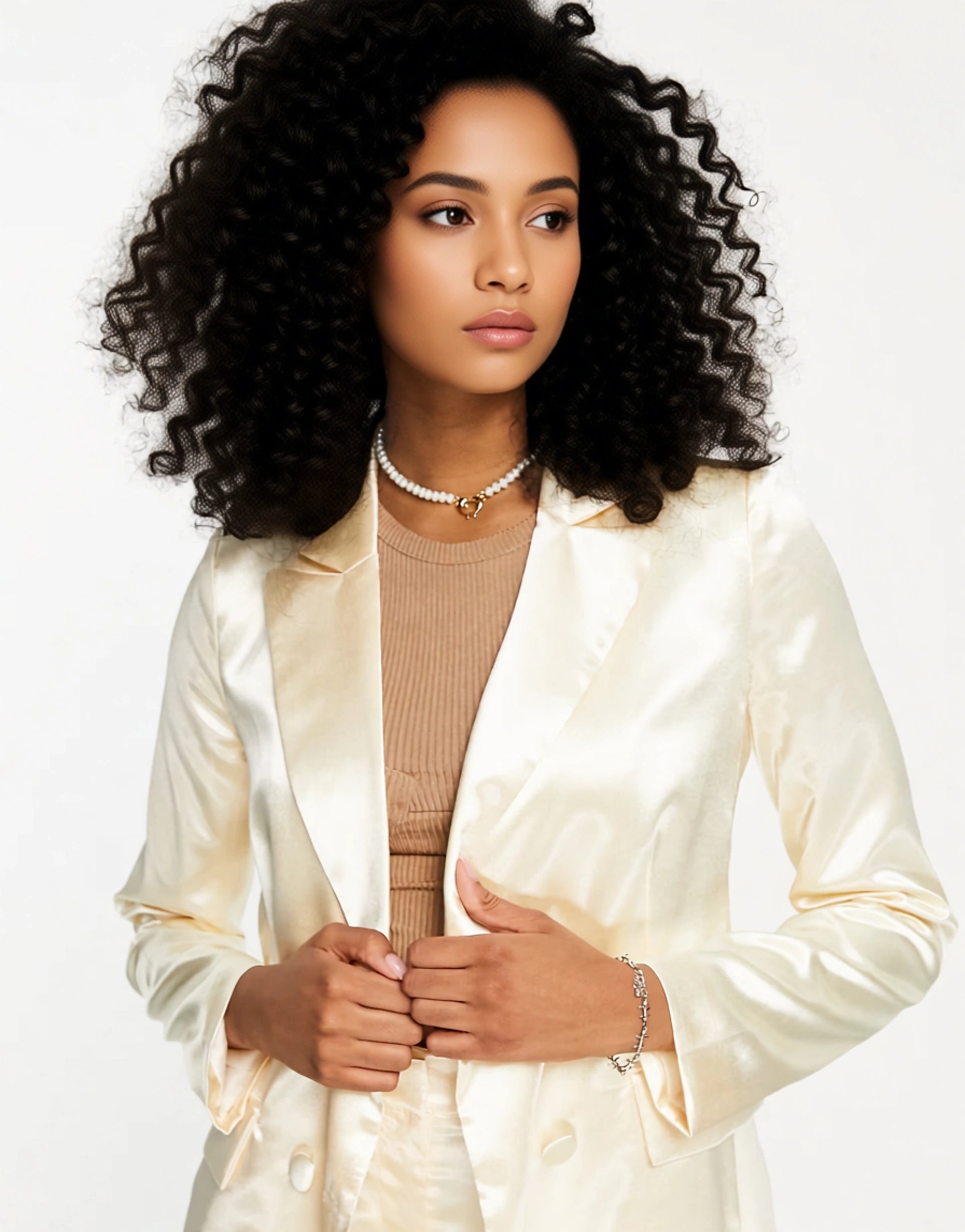 Womens Liquorish Satin Tailored Double Breast Blazer In Ivory Co Ord