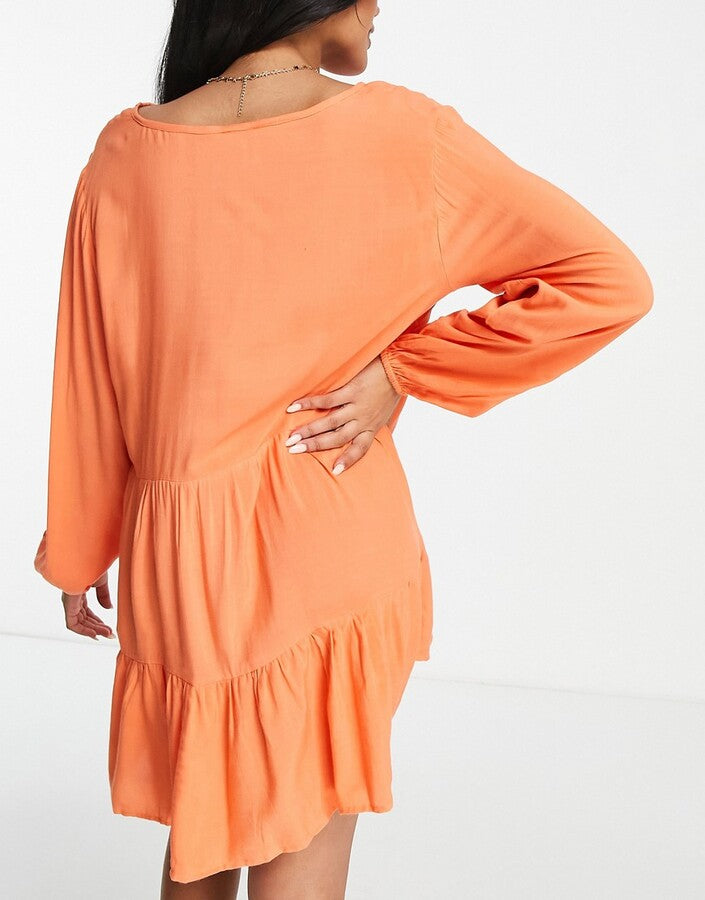 Esmee Womens Esmee Mini Tiered Smock Dress With Long Sleeve In Orange