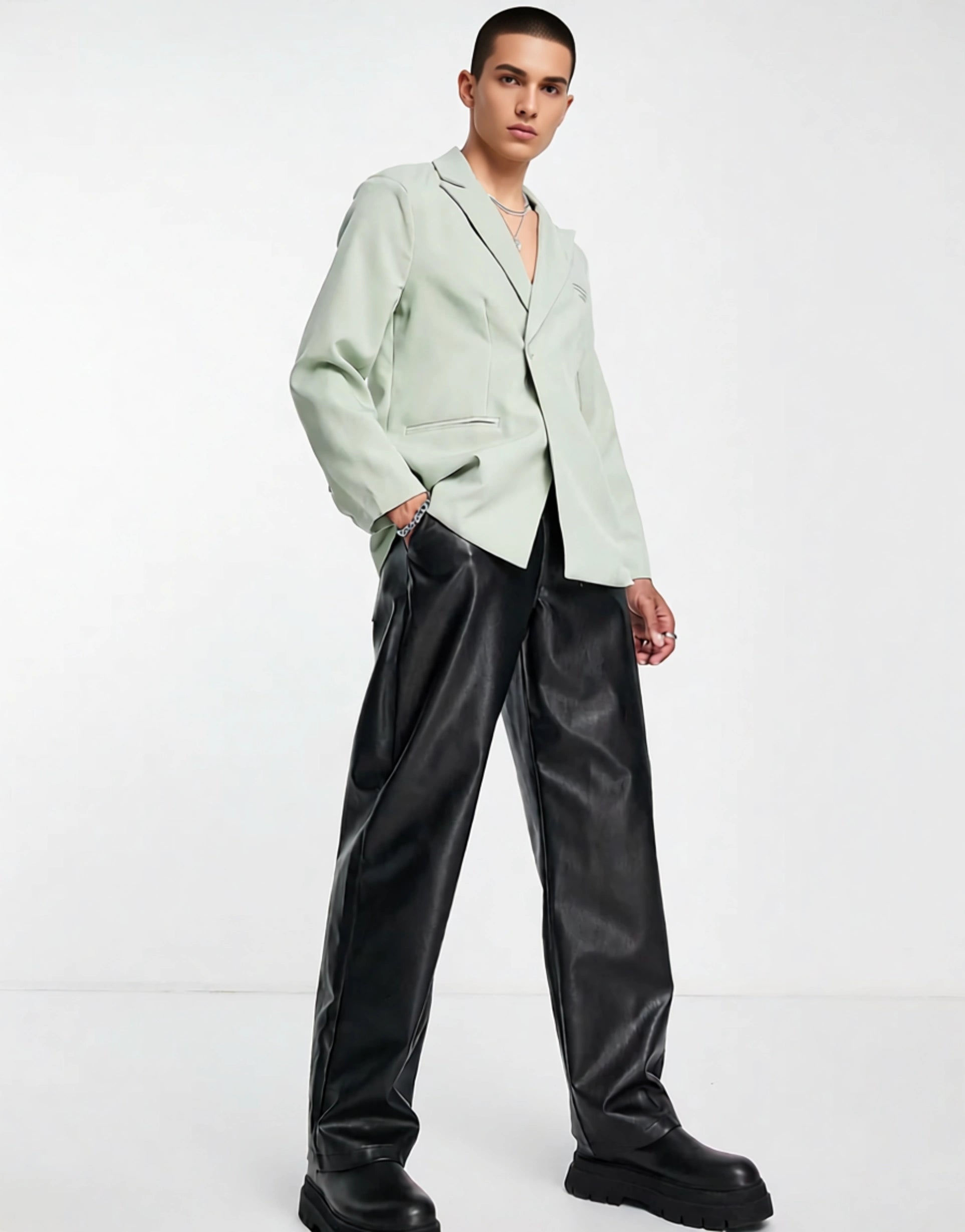 Mennace Mens Tailored Double Breasted Blazer in Sage Green