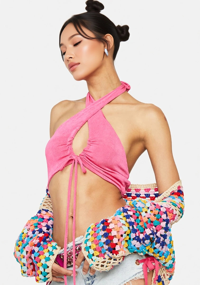 Womens Peppermayo Ruched Strappy Back Detail Crop Top In Pink