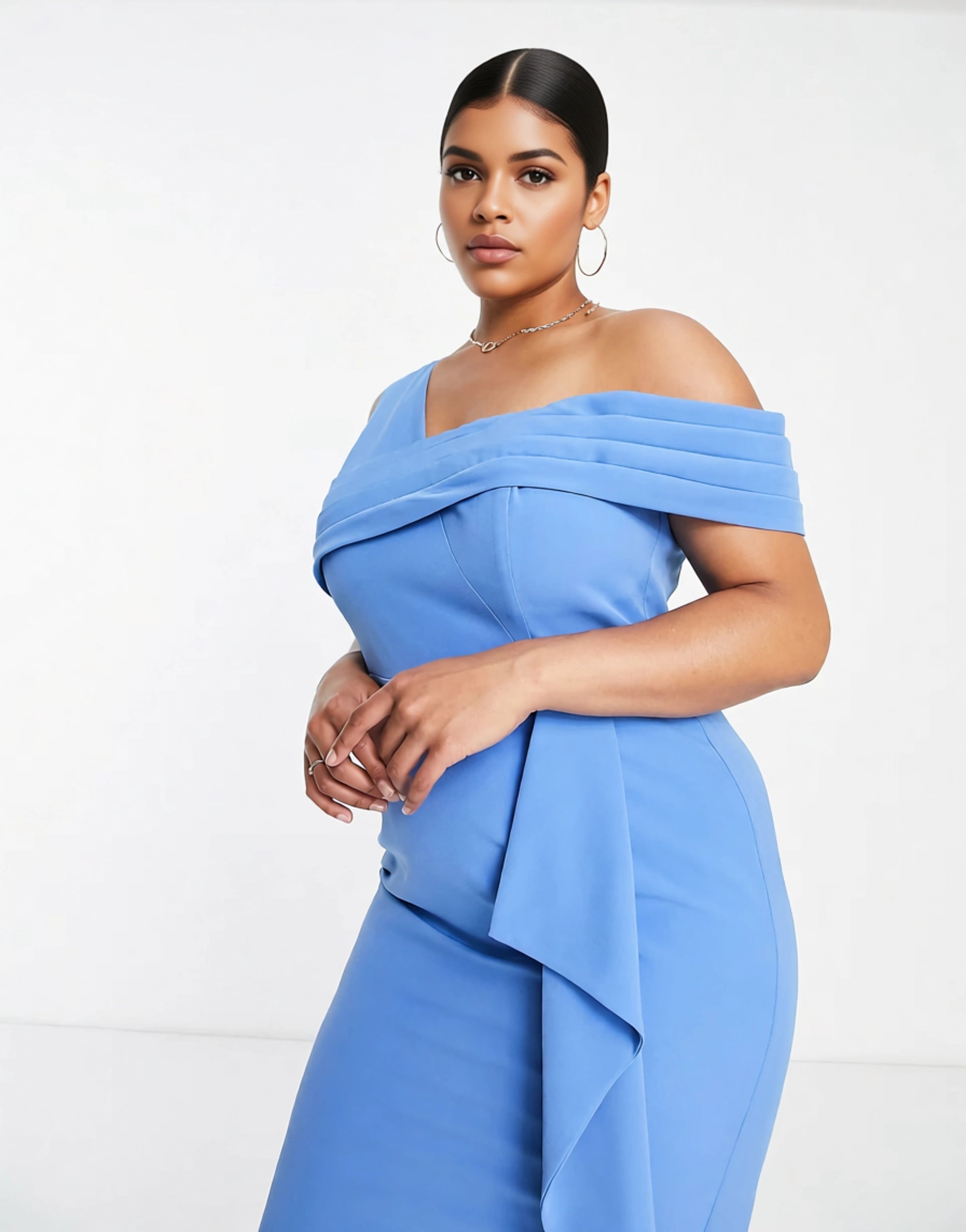 Lavish Alice Plus Women's Asymmetric Off Shoulder Midi Dress In Blue