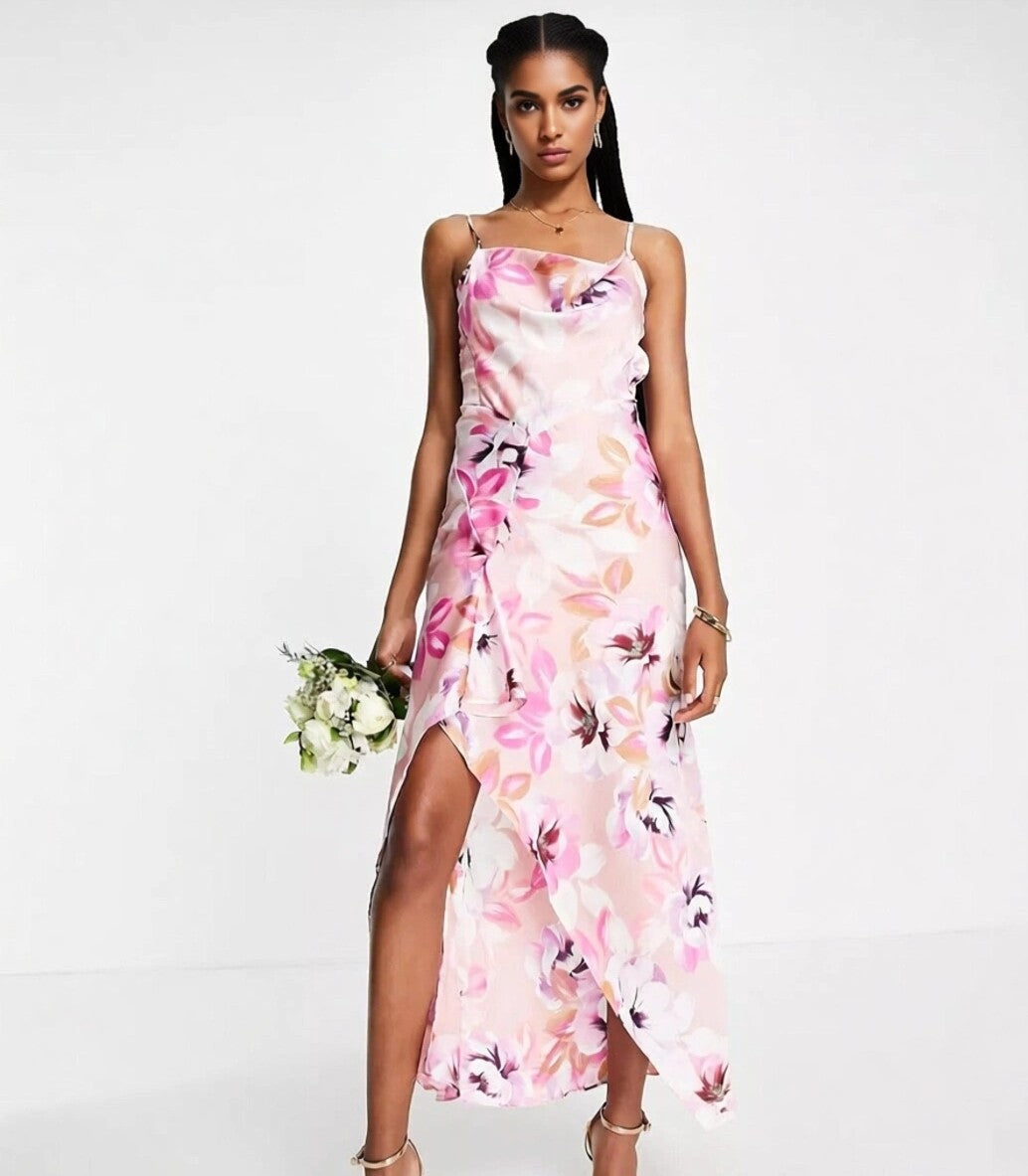 Liquorish Womens Tall Satin Slip Dress With Frill Detail in Pastel Floral