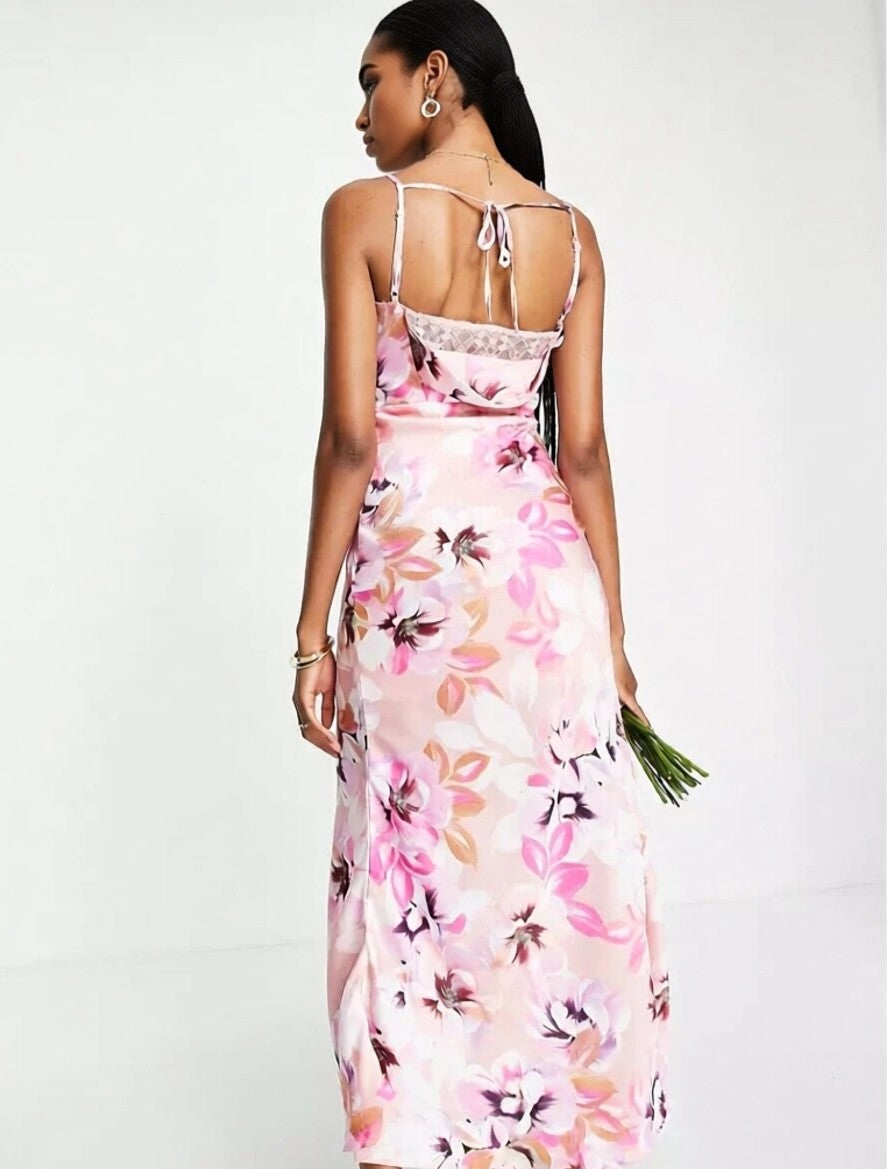 Liquorish Womens Tall Satin Slip Dress With Frill Detail in Pastel Floral