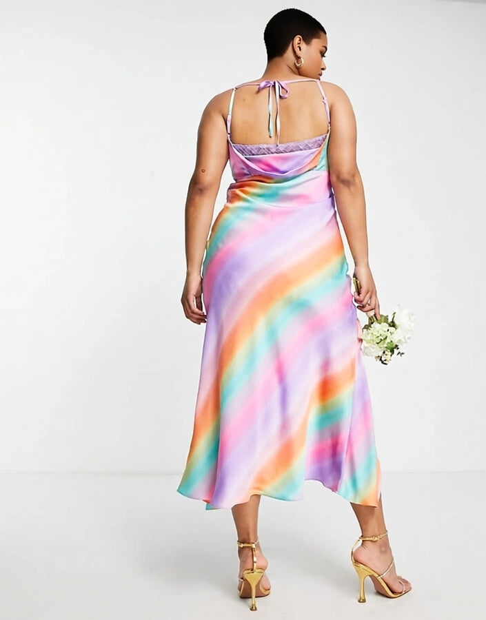 Liquorish Plus Womens Satin Slip Dress With Frill Detail in Ombre Print