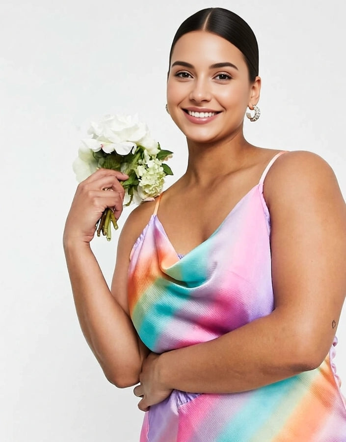 Liquorish Plus Womens Satin Slip Dress With Frill Detail in Ombre Print