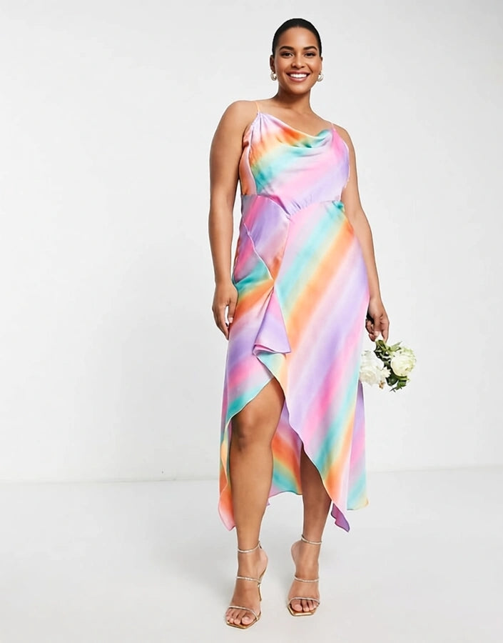 Liquorish Plus Womens Satin Slip Dress With Frill Detail in Ombre Print