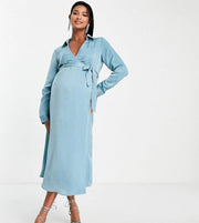 Womens Missguided Maternity Wrap Shirt Dress In Blue Satin