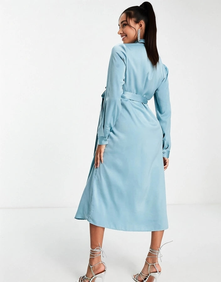 Womens Missguided Maternity Wrap Shirt Dress In Blue Satin