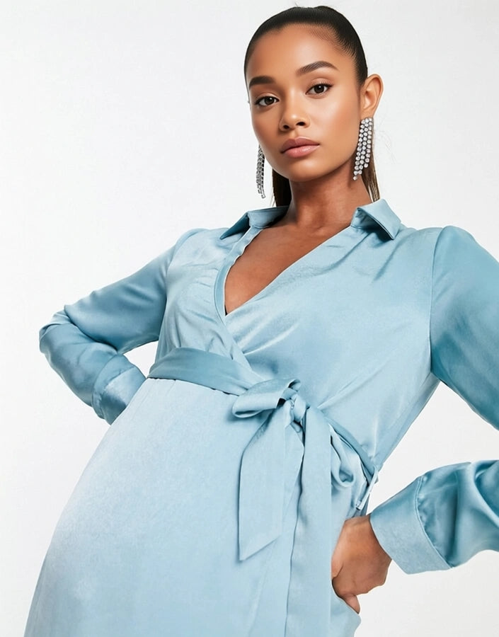 Womens Missguided Maternity Wrap Shirt Dress In Blue Satin