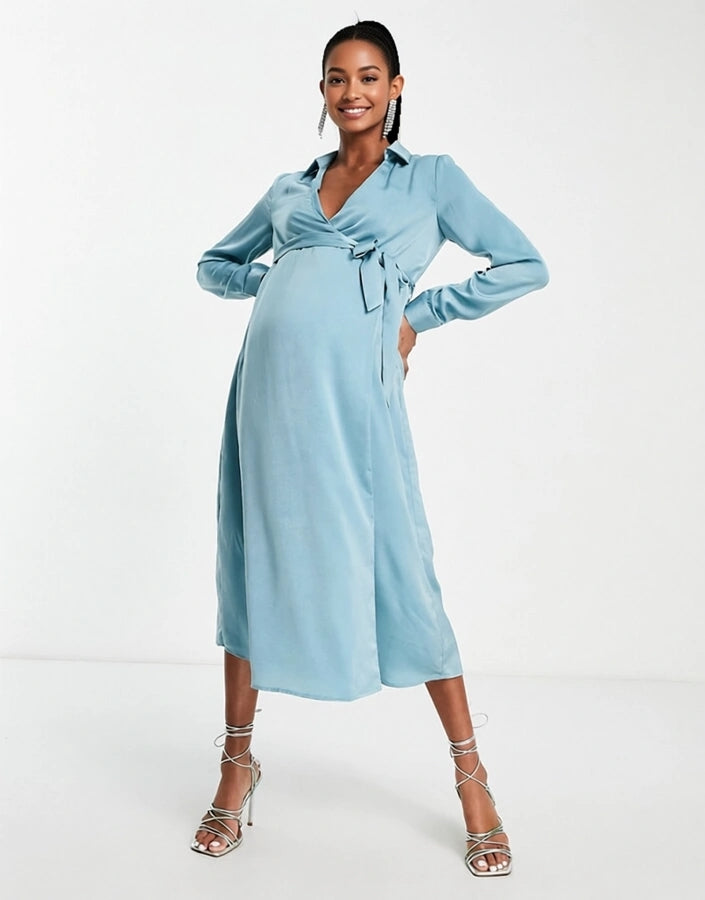 Womens Missguided Maternity Wrap Shirt Dress In Blue Satin