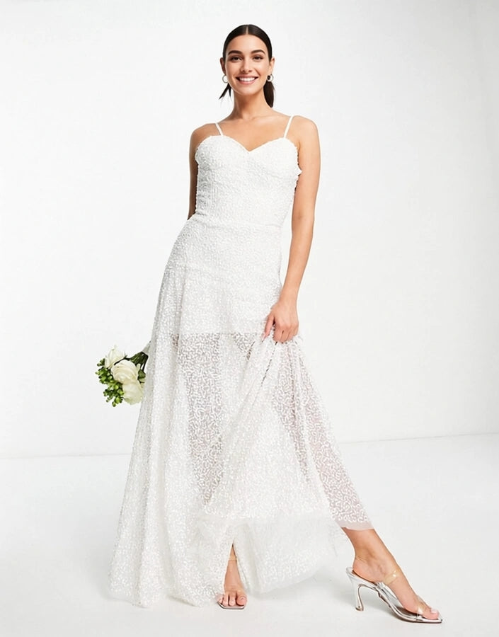 Starlet Women's Bridal Corset Overlay Embellished Maxi Dress in Ivory In White