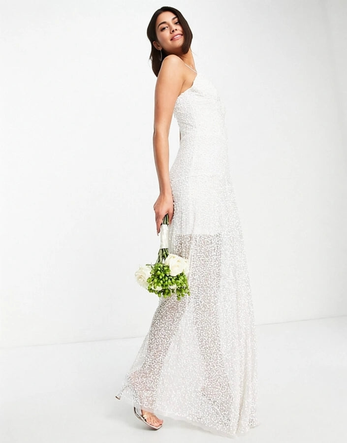 Starlet Women's Bridal Corset Overlay Embellished Maxi Dress in Ivory In White