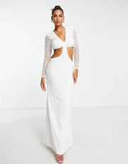 Starlet Women's Bridal Embellished Cut Out Maxi Dress in Ivory Sequin In White