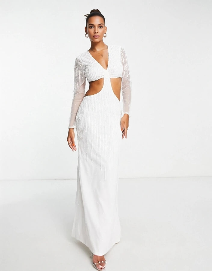 Starlet Women's Bridal Embellished Cut Out Maxi Dress in Ivory Sequin In White
