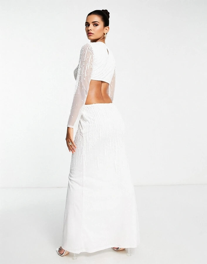 Starlet Women's Bridal Embellished Cut Out Maxi Dress in Ivory Sequin In White