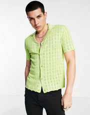 Devils Advocate Mens Devil's Knitted Scallop Edge Open Weave Short Sleeve Shirt In Green
