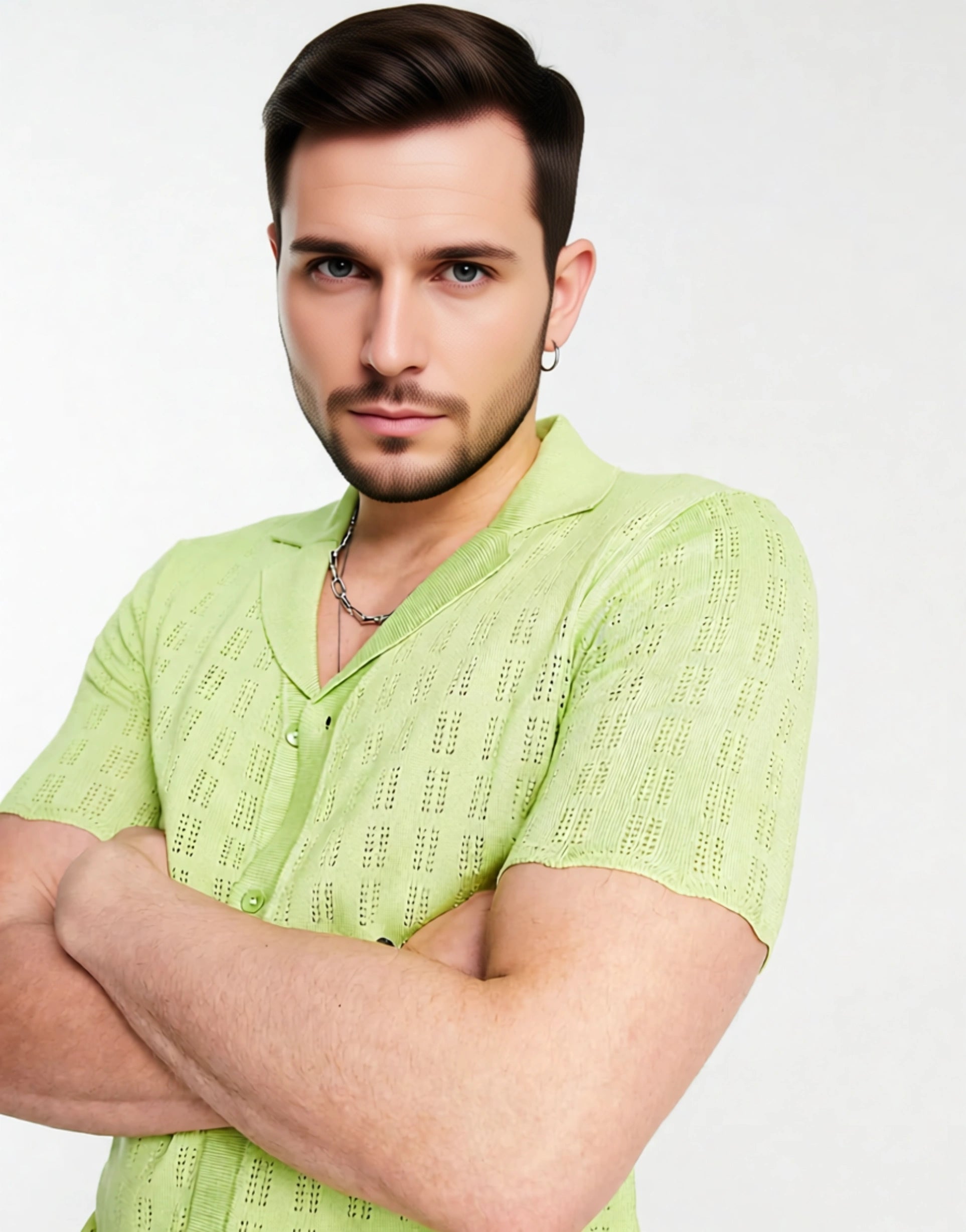 Devils Advocate Mens Devil's Knitted Scallop Edge Open Weave Short Sleeve Shirt In Green