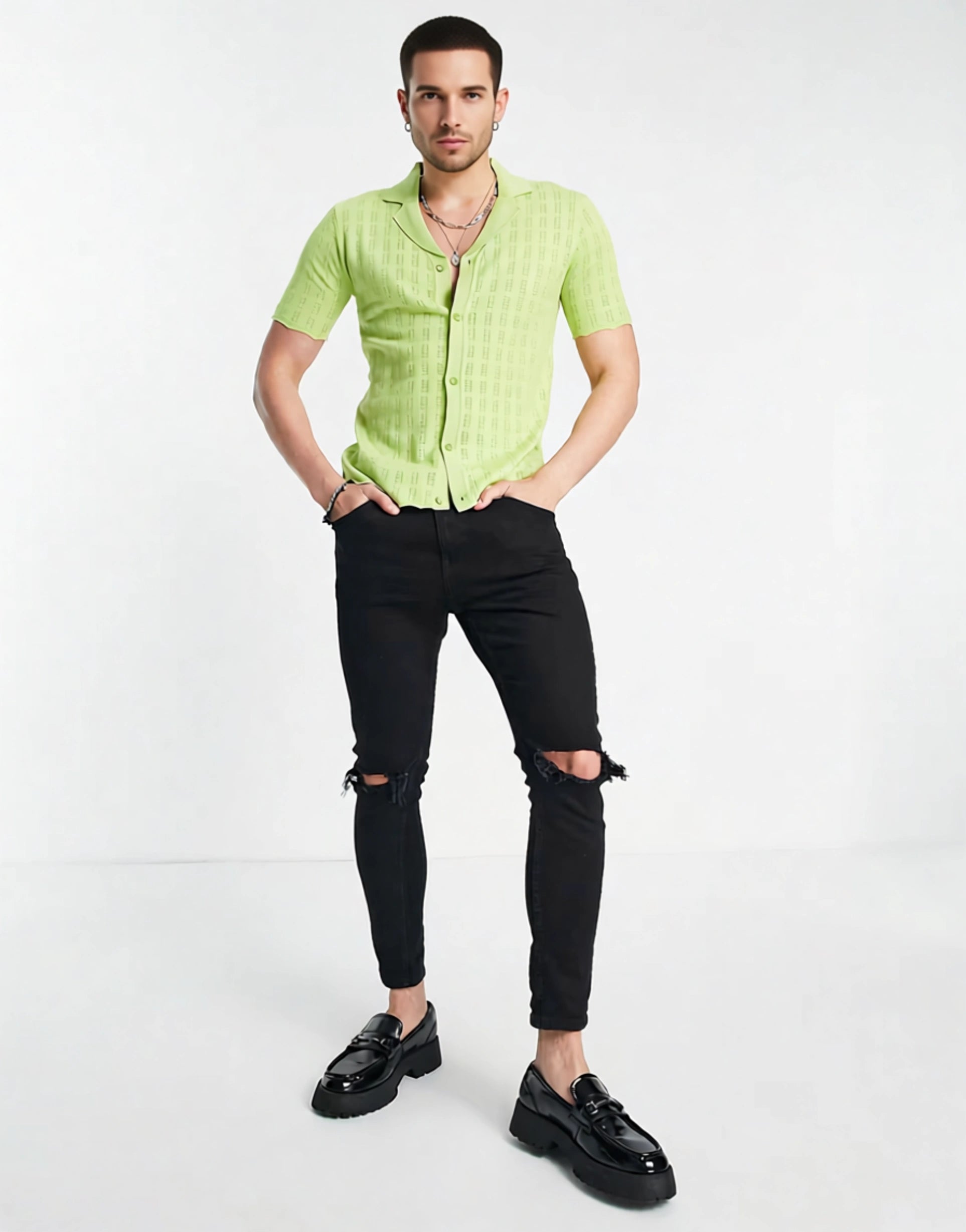 Devils Advocate Mens Devil's Knitted Scallop Edge Open Weave Short Sleeve Shirt In Green