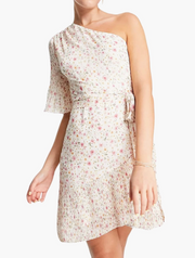 Forever New asymmetric pleat mini dress in blush ditsy floral
